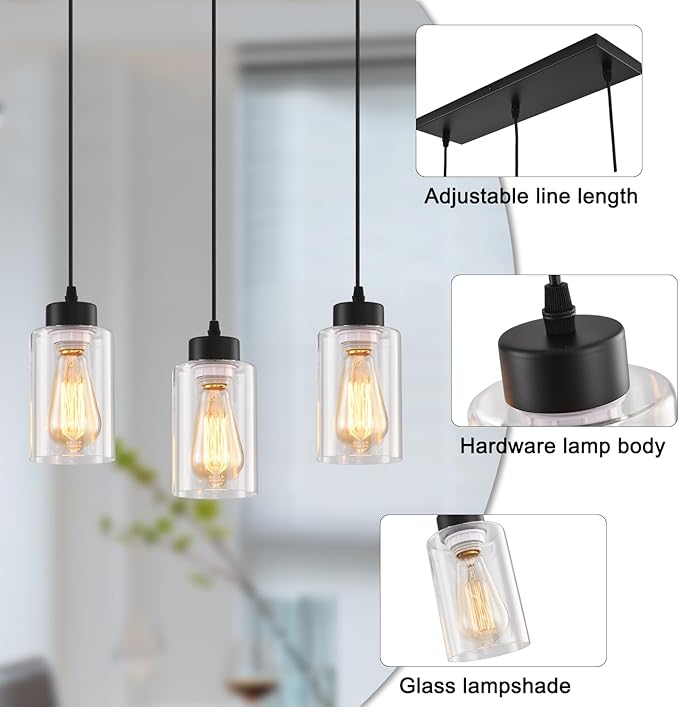 Black Chandelier,Farmhouse Light Fixtures Over Table, Dining Room Light Fixture Kitchen Island Lighting Chandeliers,Modern Pendant Light with Clear Glass Shade,Industrial Hanging Lighting
