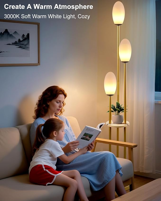 Gold Dimmable Floor Lamp with Table, Unique Candle Holder Style Tall Standing Lamps with 3000K G9 Bulbs for Reading, Mid Century Modern Floor Lamp for Living Room Bedroom Office