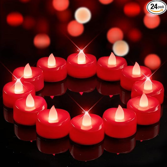 LED Candles, 24 Pack Tea Lights Candles Battery Operated, Flameless Tealight Candle, Realistic Tea Lights for Halloween Christmas Party Decor -D 1.5” x H 1.25”-Red