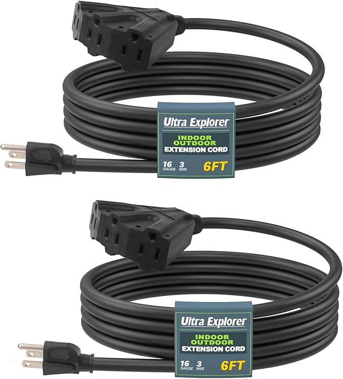 6 Ft 2 Pack Outdoor Extension Cord with 3 Electrical Power Outlets - 16/3 SJTW Long-Lasting Black Cable with 3 Prong Grounded Plug