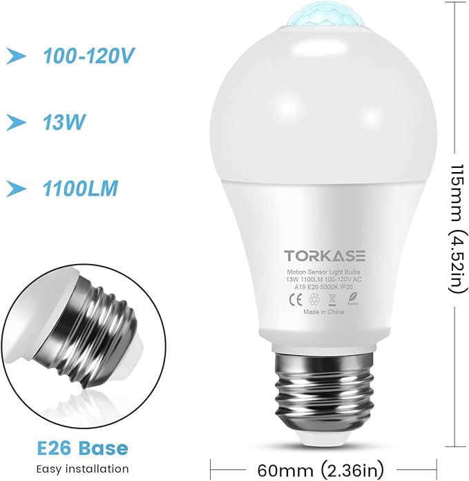 Motion Sensor Light Bulbs, 13W (100Watt Equivalent), Motion Activated Dusk to Dawn Security LED Bulb, 5000K Daylight, Energy-Efficient, for Indoor and Outdoor Lighting, Porch, Stairs, Hallway 4Pack