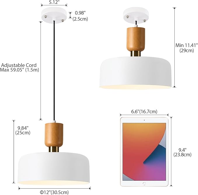 TeHenoo Modern Pendant Light,12 inch,Natural Wood and Brass Accent,Adjustable Simple Pendant Light Fixture for Kitchen Island, Dining Room, Matte White