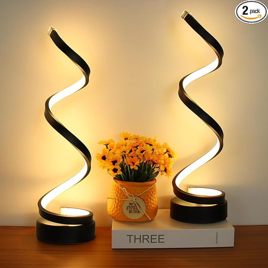 Modern Table Lamp Set of 2, Dimmable Spiral Desk Lamps for Bedside, 12W LED with 3 Color & 10 Brightness Levels, Perfect for Bedroom & Living Room (Black)