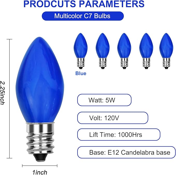 25 Pack Blue Light Bulbs,C7 Blue Replacement Spare Incandescent Patriotic Light Bulbs,5w Vintage Glass Ceramic Blue Light Bulbs C7/E12 Base for Memorial Day 4th of July Decorations