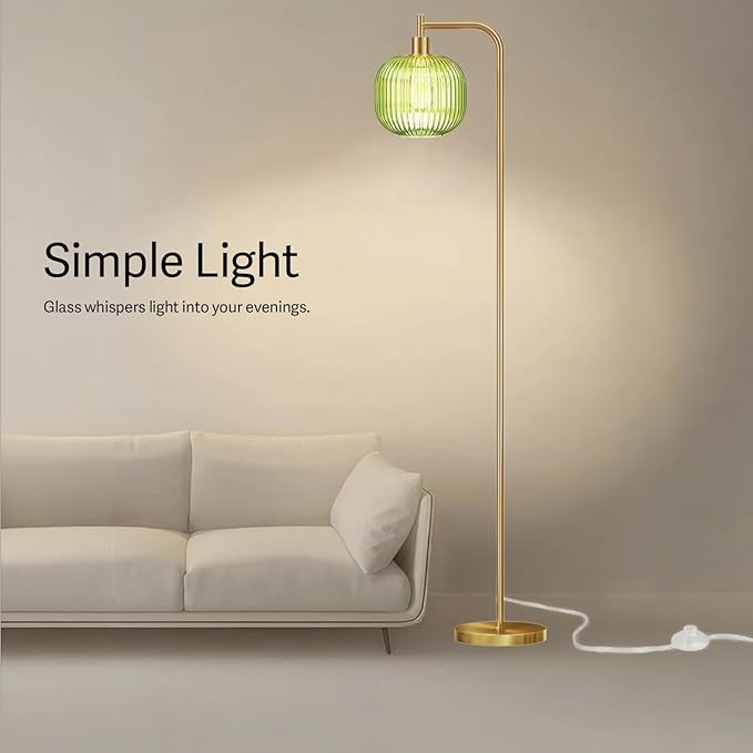 Glass Floor Lamp,67" Modern Standing Lamp with Sunset Grapefruit Glass Lampshade Metal Pole for Living Room, Bedroom, Office - Heavy Base,Pedal Switch (Include Bulb) (Green)