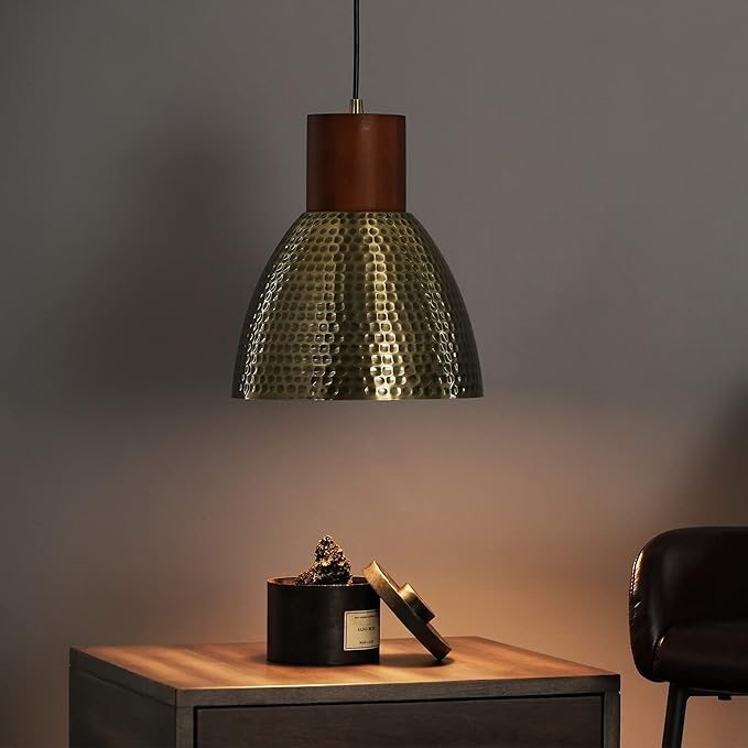 ELYONA Vintage Hammered Pendant Light Fixtures, 10.2” Industrial Metal Hanging Bar Lamp, Solid Wood Antique Gold Adjustable Pendant Light for Kitchen Island, Farmhouse, Dining Room, Brushed Brass