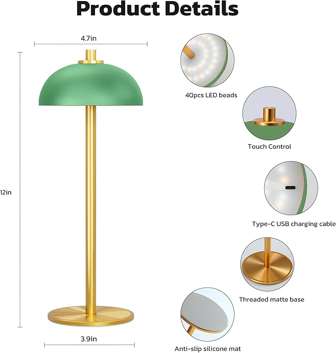2 Pack Cordless Table Lamp, 5000mAh Portable Rechargeable Table Lamp, 3 Color Modes Stepless Dimming Table Light with Memory Function, for Dinner, Patio, Home, Restaurant.(Green)