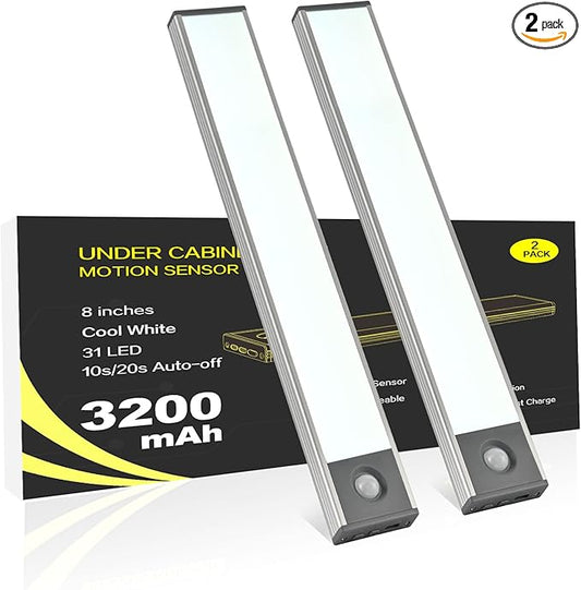 Under Cabinet Lighting, 3200mAh Wireless Motion Sensor Light Indoor, 180lm Rechargeable Battery Operated LED Closet Lights, Magnetic Under Counter Lights for Kitchen Stair (8 Inch, Cool White, 2 Pack)