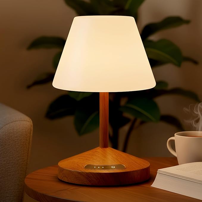 OUTON Rechargeable LED Shower & Table Lamp, Waterproof, USB Output, Stepless Dimming, 3 Colors, Power Indicator, Memory Function, Battery Operated Light for Home, Bathroom, Patio & Outdoor (Wood)