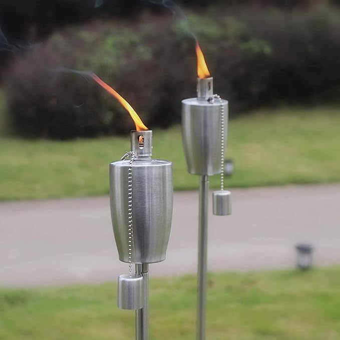 FAB BASED 55 Inch Outdoor Oil Torch Lamp–4 Pieces Rustproof Stainless Steel Citronella Torches, 11.16 oz, Includes Funnel & Fiberglass Wicks for Patio Garden Backyard (Ecru)