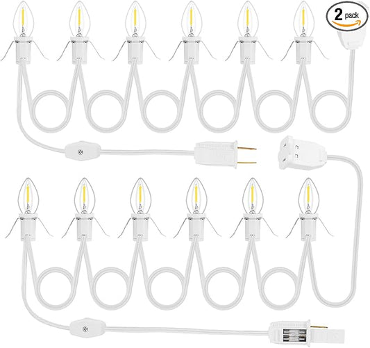 2Pack Accessory Cord with 12 LED Light Bulbs and Outlet Christmas Village Light 11.6FT White Cord with Spare Fuse Warm White C7 Lamp for Halloween Pumpkins Christmas Village Houses Craft Decoration