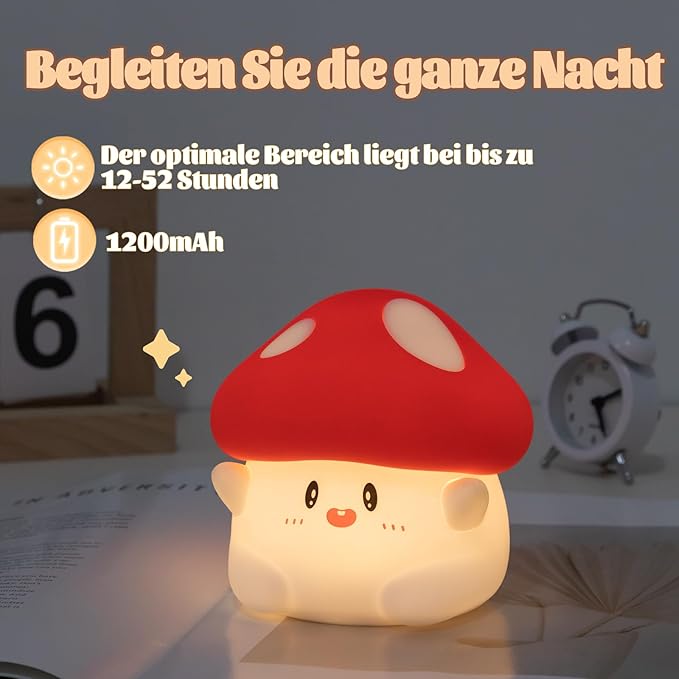 Hug Mushroom Night Light, 50-Hour Battery & Pat Control, Squishy Lamp for Kids Bedroom, Girls, USB Rechargeable with Timer, Easter Gifts