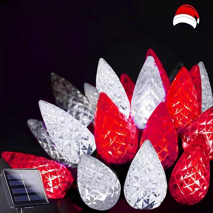 C6 Solar Christmas Lights Outdoor, 50 LED 16FT Christmas Decorations Outdoor Waterproof, Solar String Lights for Outside with 8 Modes, Fairy Twinkle Light for Tree Garden Xmas Decor (Red and White)