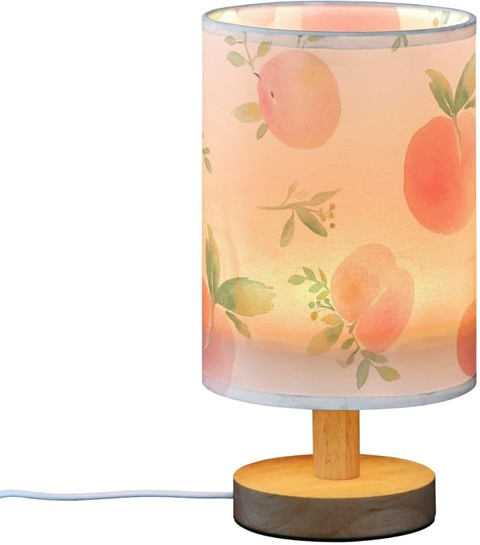 Bedside Table Lamp Peach Watercolor Fruit Leaves Pink Nightstand Lamp with Wood Desk Lamps for Bedroom Living Room Nursery Office Home Decor