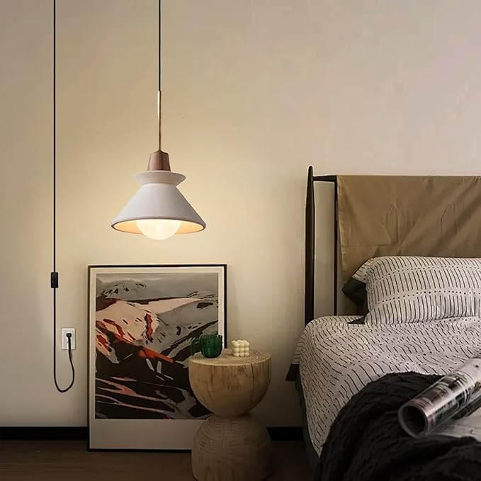 7.7" Plug in Concrete Pendant Light, Nordic Wabi Sabi Pendant Lamp with Wood Accent White Cement Pendant Light Minimalist Lamp for Living Room Bedside Kitchen Island Dining Room Apartment Dorm