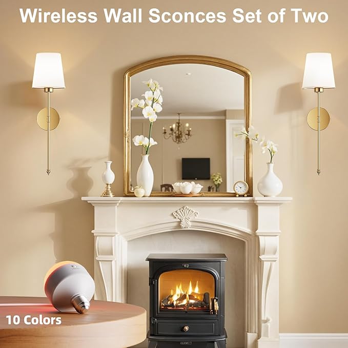 Wall Sconces Battery Operated Set of 2, Rechargeable Wall Sconce, 10 Colors Wireless Wall Sconces Set of Two, 5200mAh Dimmable Bulbs and Remote, for Bedroom Living Room, Hallway Decor (Gold - 24 inch)