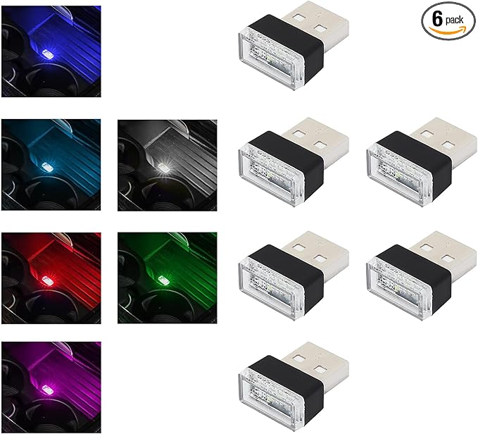 Augeny 6 PCS USB LED Car Interior Atmosphere Lamp, Plug-in USB Decor Night Light, Portable Auto Ambient Lighting Kit, Universal Vehicle Interior Accessories for Most Cars (6 Colors)