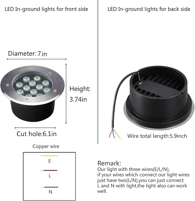 Outdoor Ground Lights 12W,High Voltage 110V 120V Well Light,Diameter 7 inches,Waterproof Landscape Lighting Wired,White 6500K,Recessed Tree Uplighting for Pathway,Walkway,Deck,Pack of 4