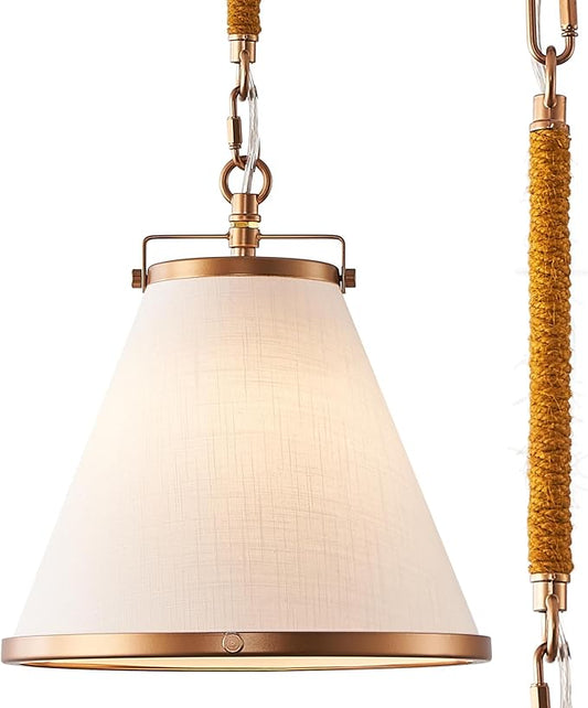 Vintage Brass Pendant Light Kitchen Island 10inch Linen Pendant Lights with Brass Hemp Rope Rod Modern Farmhouse Pendant Hanging Lighting for Kitchen Sink Dining Room Entryway Hallway