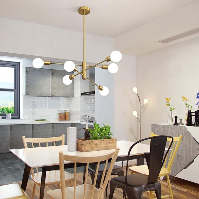 Sputnik Chandelier Modern Industrial E26 Gold Chandeliers Mid Century Ceiling Lighting Fixture for Living Room, Kitchen, Bedroom, Dining Room, and Farmhouse