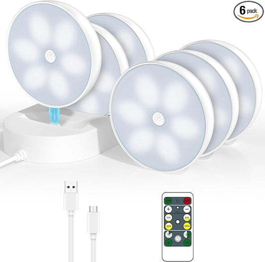LED Closet Lights Motion Sensor Puck Light with Charge Station, Rechargeable Step Puck Lights,Dimmable Under Cabinet Indoor Lighting Magnet Stick-on Light for Counter Kitchen Wardrobe(6 Pack)