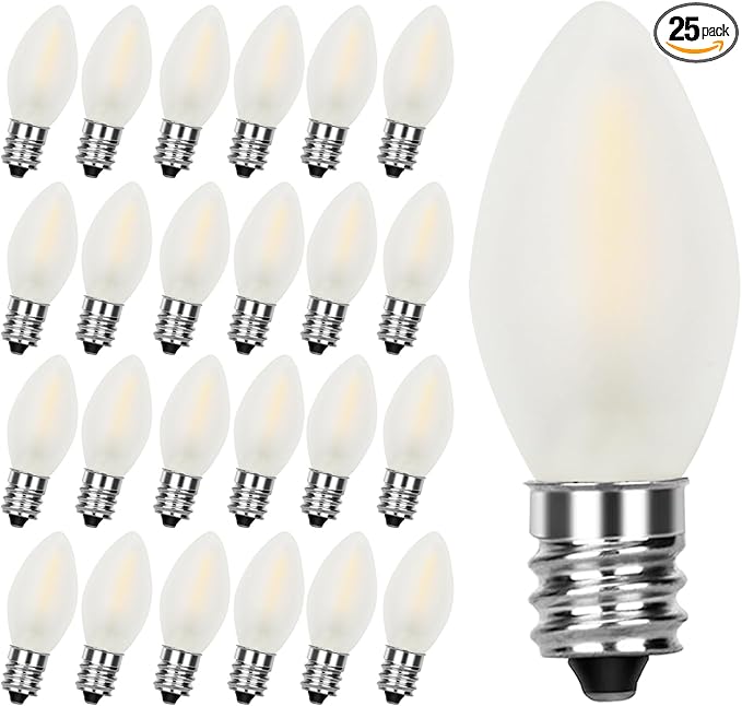 25 Pack C7 Frosted White Replacement Bulbs, Christmas Frosted White LED Light Bulbs Vintage Light Bulbs for Christmas Indoor Outdoor String Lights, E12/C7 Candelabra Base, 0.6 Watt