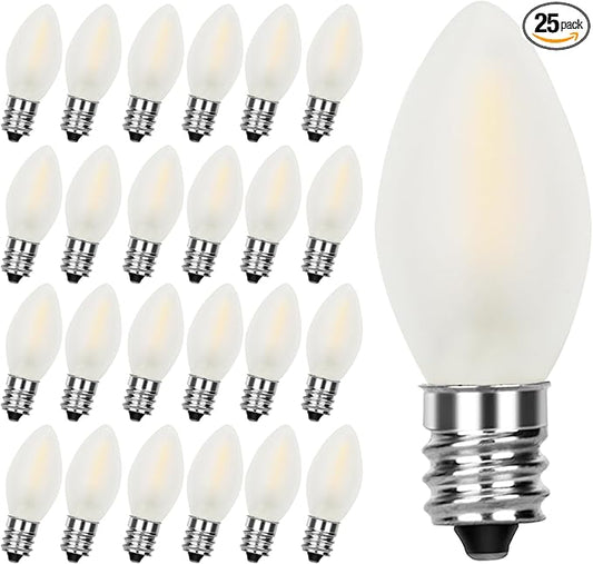 25 Pack C7 Frosted White Replacement Bulbs, Christmas Frosted White LED Light Bulbs Vintage Light Bulbs for Christmas Indoor Outdoor String Lights, E12/C7 Candelabra Base, 0.6 Watt