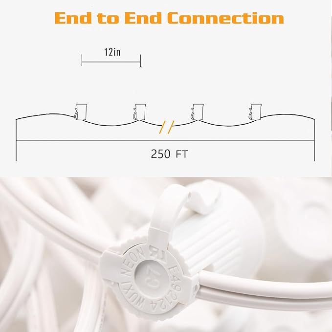 250FT C7 Light String Christmas Stringer, E12 Christmas Sockets 12" Spacing, C7 Stringer Set Green Outdoor String Light for Wedding Patio Event Lighting Decor, White Wire