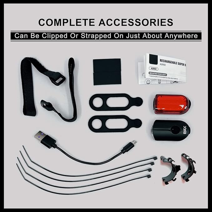 PAX Rechargeable USB Safety Bike Light Set, Bicycle Front Light and Rear, IPX4 Waterproof Standard, Multi Light Mode, Lightweight for Mountain or Road Bike