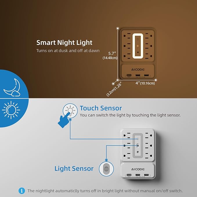 Outlet Extender with USB C, AICODE Multi Outlet Surge Protector with Nightlight, 6 Outlet Wall Plug with USB (3 USB A and 1 USB C),Wall Mount Multiple Plug Outlet Power Strip for Home,Dorm, Office