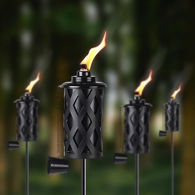 Upgraded 60 Inch Citronella Torches for Outside Set of 4, 16 Oz Outdoor Garden Torches with 5-Prong Grounded Stake, Metal Torch for Garden Décor, Outside Torches for Backyard, Garden, Patio