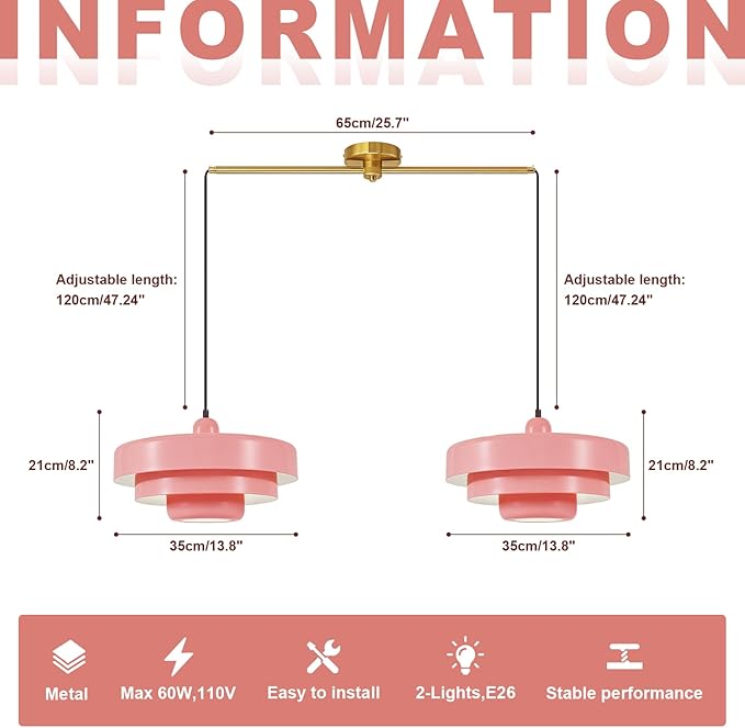 Pink 2-Light Pendant Light Industrial Chandelier, Vintage Adjustable Hanging Lights Modern Pendant Lamp for Kitchen Island, Dining Room, Bedroom, Entryway