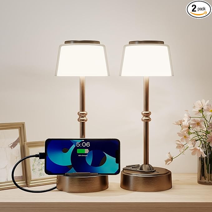 LED Cordless Lamp, 5 Colors Stepless Dimming Table Lamp, 4400mAh Rechargeable Battery with USB Charging Port, Portable Touch Bedside Light for Patio, Restaurant, Dining(2, Antique Brass)
