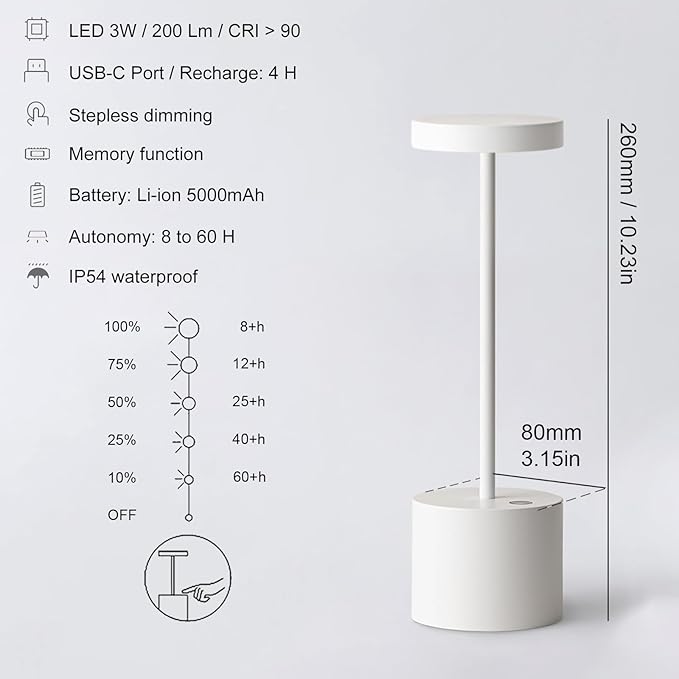 2 Pack Cordless Rechargeable Table Lamp, 3 Color Temperature & Dimmable, IP54 Waterproof Battery Operated Portable LED Light for Outdoor, Patio, Restaurant, Bedside, Shower (White)
