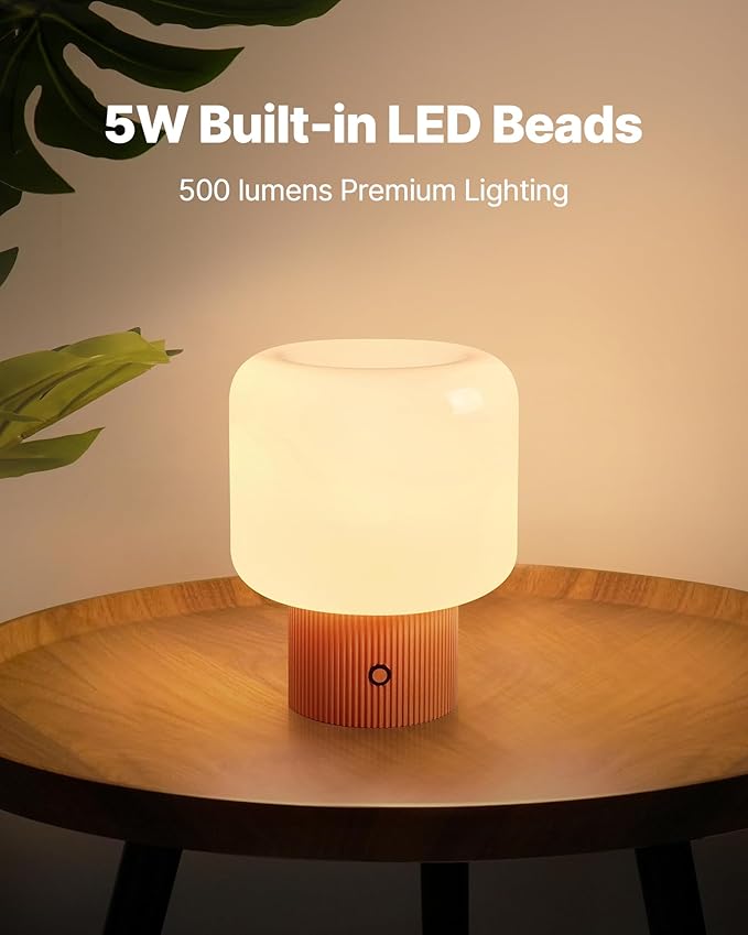 Halo Mushroom Lamp, 5W Cute Cordless Rechargeable Table Lamp with Glass Shade, 3-Color Dimmable Small Retro Touch Bedside Lamp for Bedroom Ambient Decor (Orange)