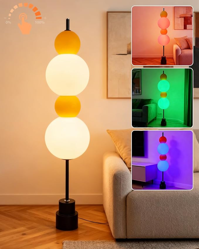 Yellow Globe Floor Lamp - Metal, RGB & 3000K Dimmable LED, Touch Switch, Modern Tall Standing Lamp for Bedroom, Living Room, Home Office