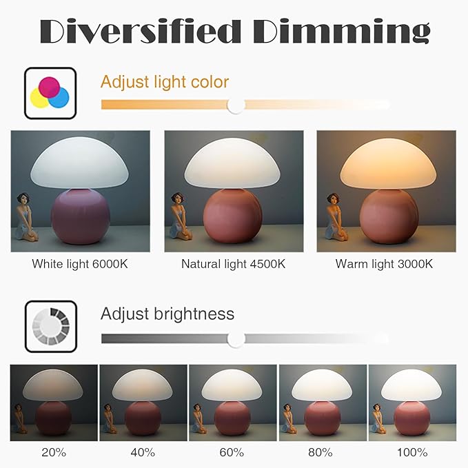 Cute Small Mushroom Lamp, PE Lampshade, Ceramic Base, Adjustable Light Color and Brightness with Power-Off Memory, Safe USB Powered, LED Mushroom Light for Bedroom Living Room (Pink)