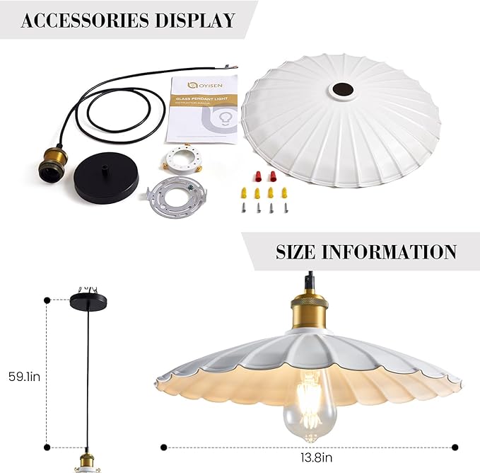 Pendant Lights, 13.8 Inch Glossy White Lampshade Hanging Kitchen Lights 7Ft Height Adjustable Island Pendant Lights for Kitchen Industrial Style Hanging Light for Bedroom 2Pack