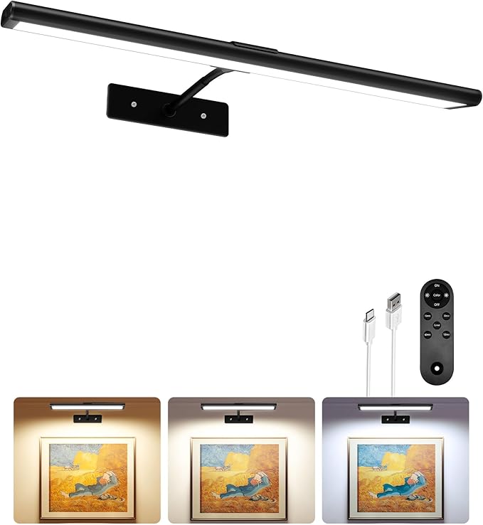 EZVALO Picture Light for Wall, 4800mAh Rechargeable Wireless Remote Battery Lights for Painting, 16In Dimmable Magnetic LED Art Display Light, Colors Temperatures, for Gallery, Living Room,Hallway