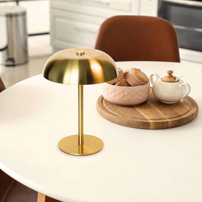 Portable LED Mushroom Table Lamp, 8.46'' Small Cordless Desk Night Light with 5200mAh Rechargeable Battery, Stepless Dimming Lamp with 3 Colors for Bedroom/Bar/Coffee Shop (Gold)