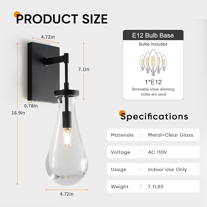 17" L Wall Sconces,Black Wall Lights Fixtures Bathroom Vanity Light Morden Wall Sconce Raindrop Wall Lamps for Living Room,Bedroom,Hallway,Stairs,Indoor