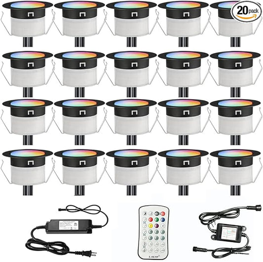 FVTLED Low Voltage Recessed RGBW Deck Light, 20pcs Φ1.22 RGB & Warm White Stainless Steel Waterproof Outdoor Step Lighting In-ground Landscape Pathway Patio Stair Decor Lamp, Black
