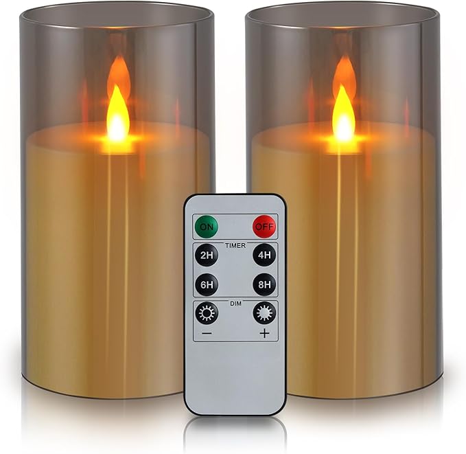 Flameless Candles 4" 5" 6" Set of 2 Acrylic Glass Pillars 3" Diameter Battery Operated Flickering Candles Include 8-Key Remote with Timer Function 400+ Hours (Gray, 2 Pack)