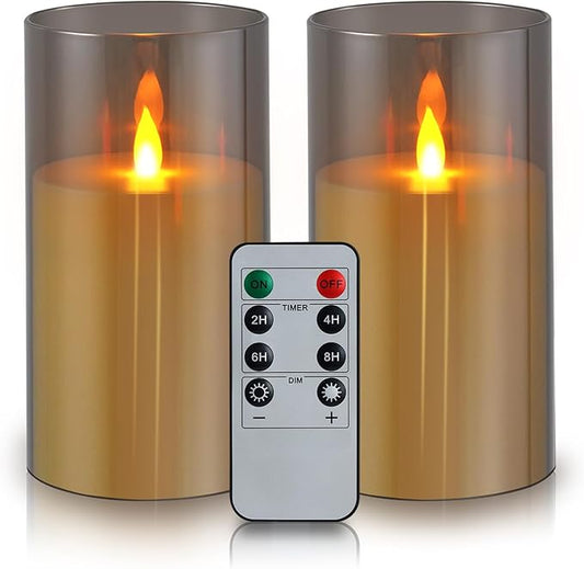 Flameless Candles 4" 5" 6" Set of 2 Acrylic Glass Pillars 3" Diameter Battery Operated Flickering Candles Include 8-Key Remote with Timer Function 400+ Hours (Gray, 2 Pack)