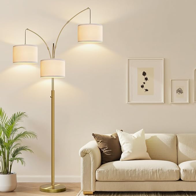 Nintiue Dimmable Floor Lamp - 3 Lights Brass Arc Floor Lamps for Living Room, 1000LM Modern Tall Standing Lamp with Linen Shades, Mid Century Tree Floor Lamp for Bedroom Office, 3 LED Bulbs Included