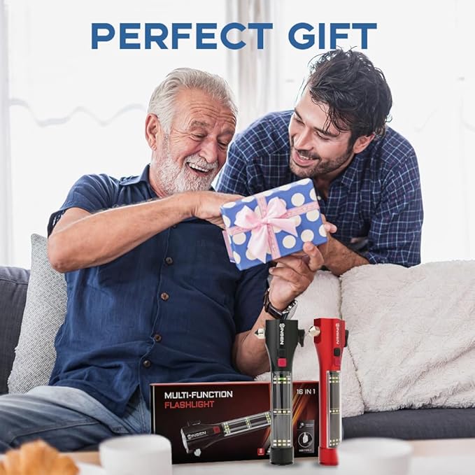 SINSEN Emergency Flashlight for Car, Seatbelt Cutter Window Breaker, 16-in-1 Multifunctional Safety Tool—Glass Hammer/Bright Solar Torch/Rechargeable/Rescue Alarm & Beacon/Repair Magnet