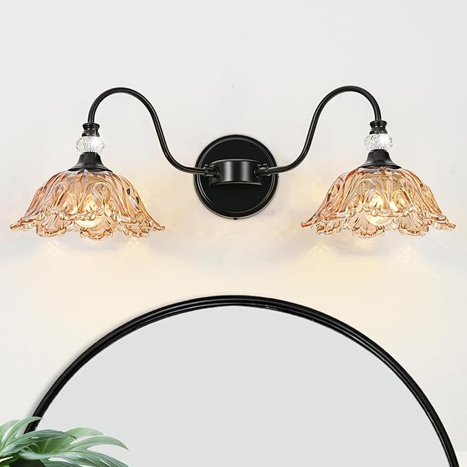Black Bathroom Vanity Light, 2-Light Vanity Light with Floral Amber Glass Shades,Vintage Farmhouse Wall Mount Lighting for Bathroom, Dressing Table