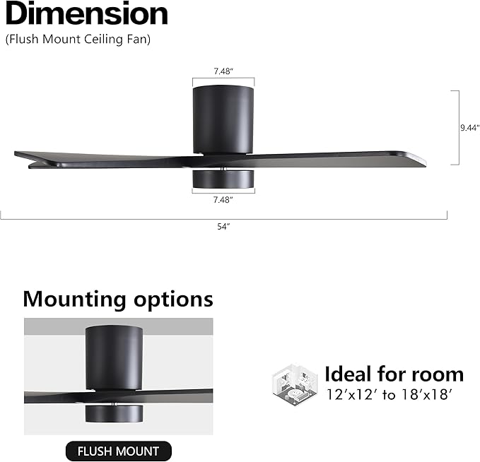 WINGBO 54 Inch Flush Mount DC Ceiling Fan with Lights and Remote, 5 Reversible Carved Wood Blades, 6-Speed Noiseless DC Motor, Hugger Ceiling Fan in Black Finish, Low Profile Ceiling Fans, ETL Listed