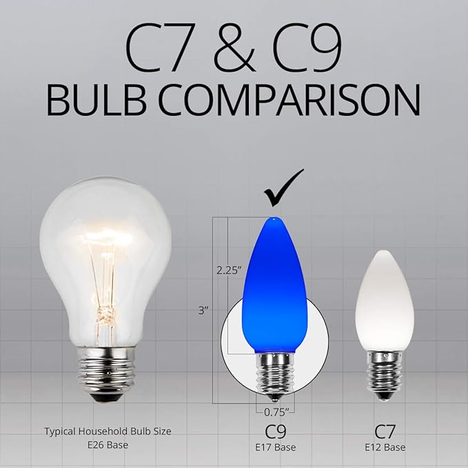 25-Pack OptiCore LED C9 Blue Light Bulbs - Vintage Christmas Light Replacement Bulbs, Smooth Vintage Ceramic Style, E17 Base (Smooth)