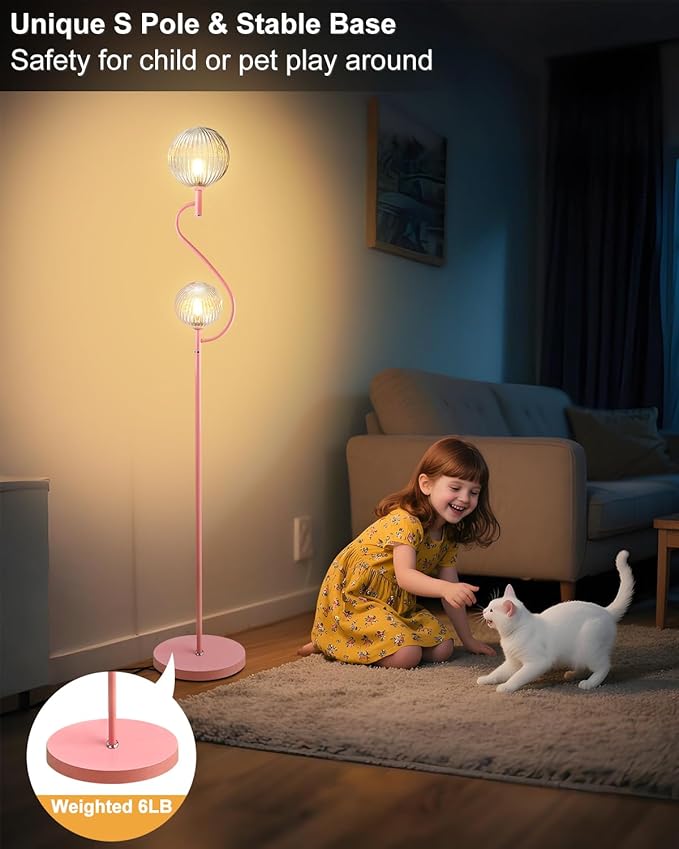 Lightdot Pink Floor Lamp, Mid Century Tall Standing Lamps with Globe Clear Glass Shade Soft Warm White Bulbs Included, Modern Unique Floor Lamp for Living Room/Bedroom/Sofa Beside/Corner Decor